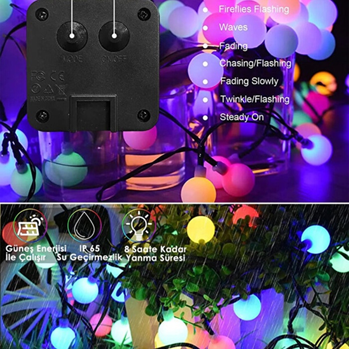 ® Yeni Ürün 10 Metre 50 Top Güneş Enerjili Solar Led Işık Dekoratif Rgb